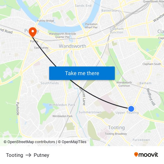 Tooting to Putney map