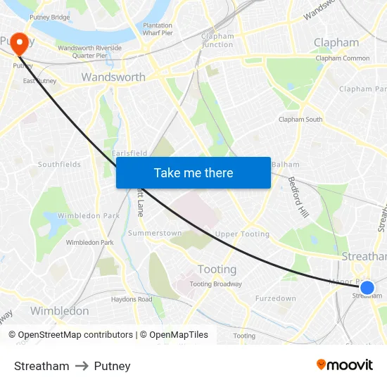 Streatham to Putney map