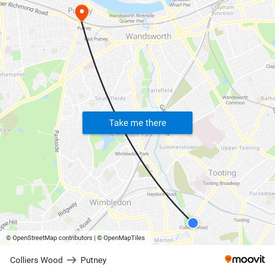 Colliers Wood to Putney map