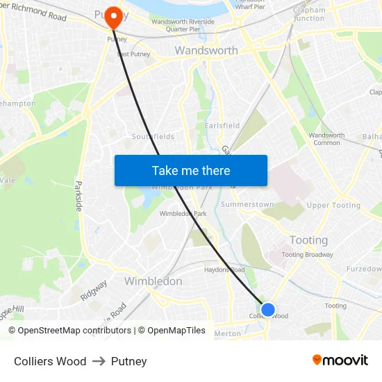 Colliers Wood to Putney map