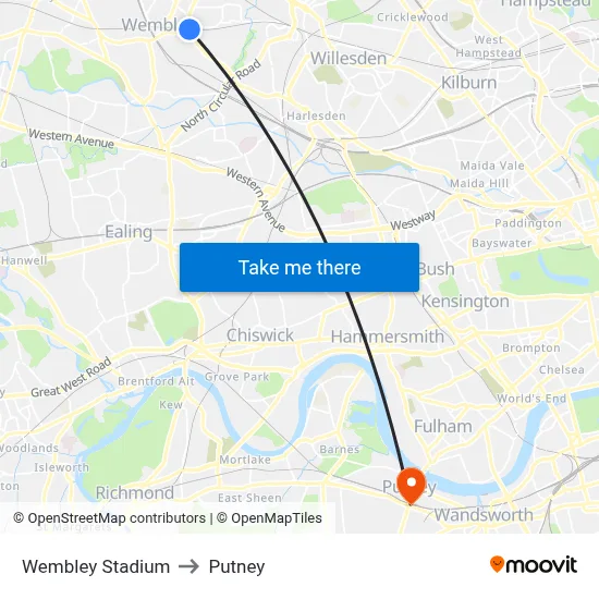 Wembley Stadium to Putney map