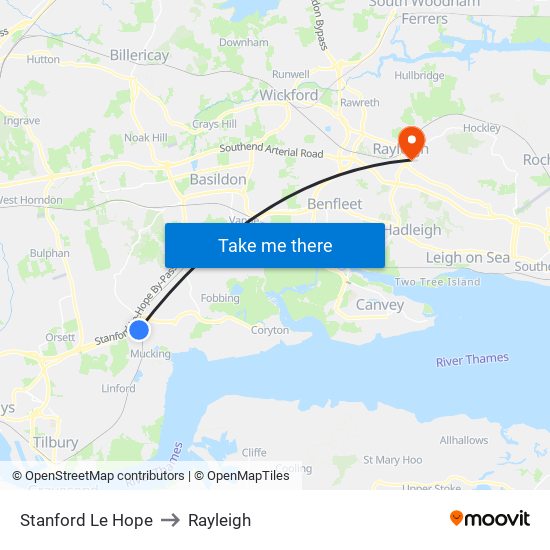 Stanford Le Hope to Rayleigh map