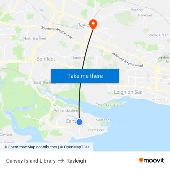 Canvey Island Library to Rayleigh map