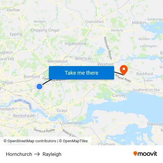 Hornchurch to Rayleigh map