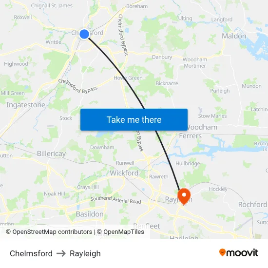 Chelmsford to Rayleigh map