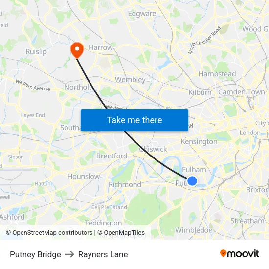 Putney Bridge to Rayners Lane map