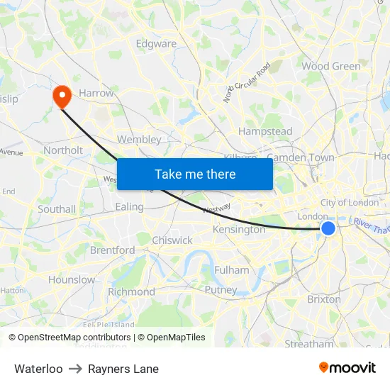 Waterloo to Rayners Lane map