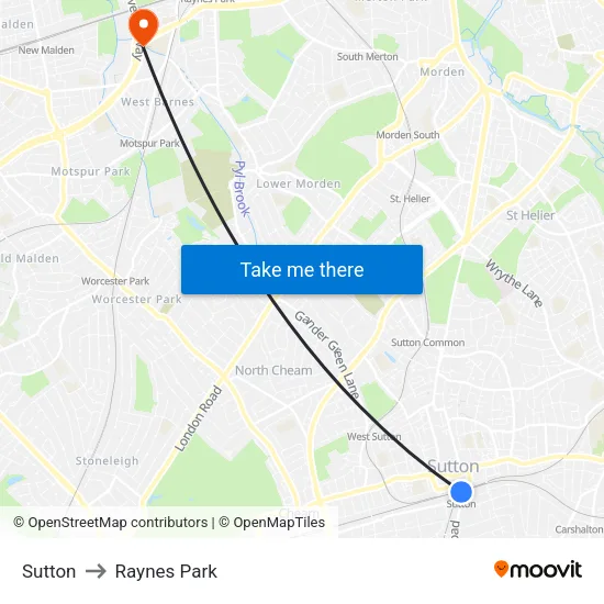 Sutton to Raynes Park map