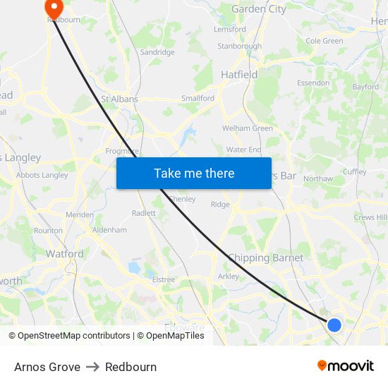 Arnos Grove to Redbourn map