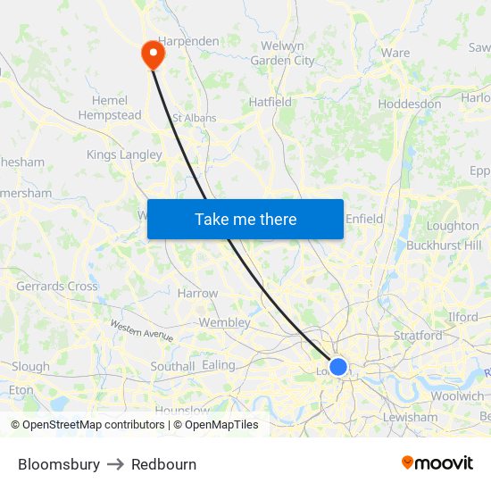 Bloomsbury to Redbourn map