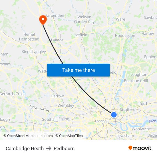 Cambridge Heath to Redbourn map
