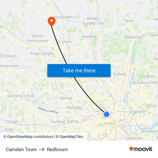 Camden Town to Redbourn map