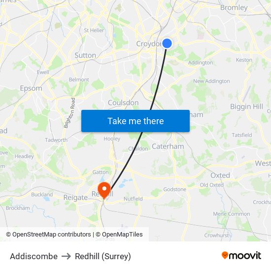 Addiscombe to Redhill (Surrey) map