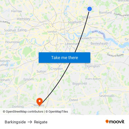 Barkingside to Reigate map