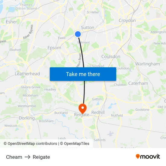 Cheam to Reigate map