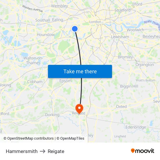 Hammersmith to Reigate map