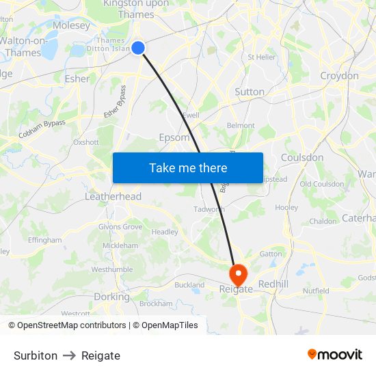 Surbiton to Reigate map