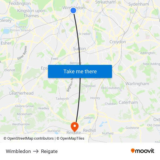 Wimbledon to Reigate map