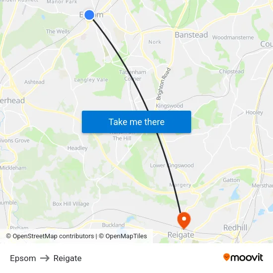 Epsom to Reigate map