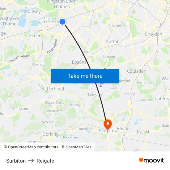 Surbiton to Reigate map
