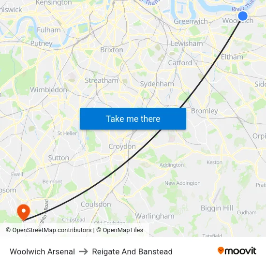 Woolwich Arsenal to Reigate And Banstead map