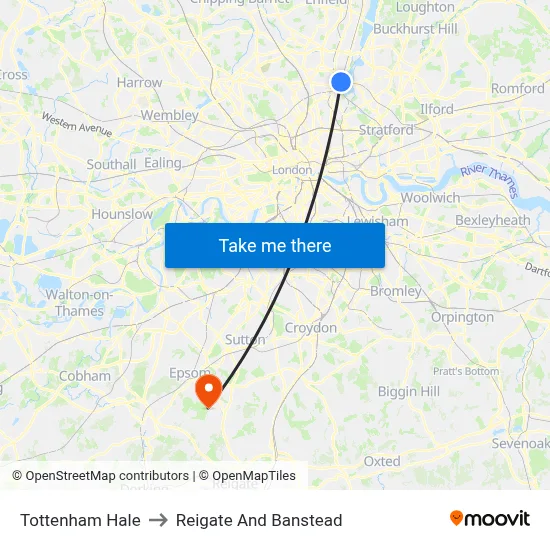 Tottenham Hale to Reigate And Banstead map