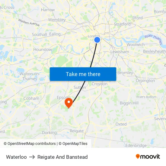 Waterloo to Reigate And Banstead map