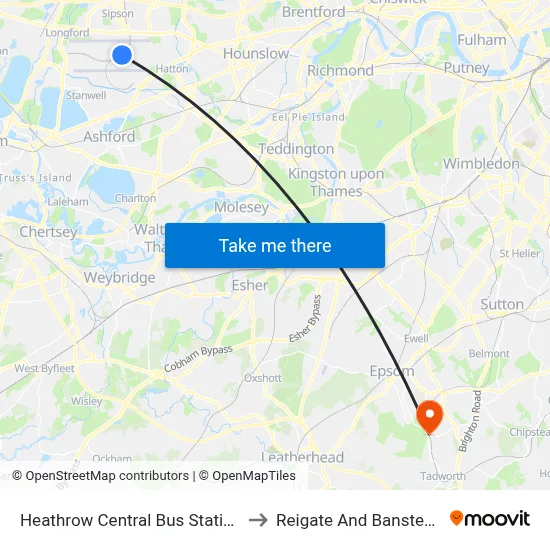 Heathrow Central Bus Station to Reigate And Banstead map
