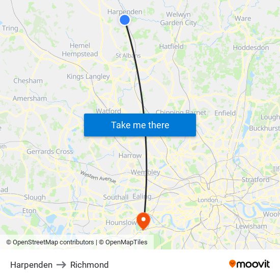 Harpenden to Richmond map