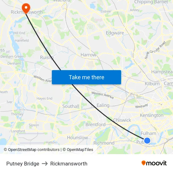 Putney Bridge to Rickmansworth map
