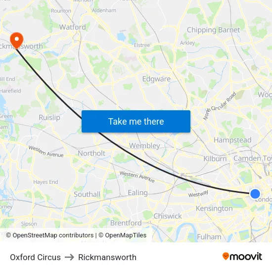 Oxford Circus to Rickmansworth map