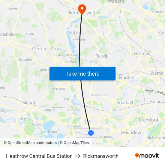 Heathrow Central Bus Station to Rickmansworth map