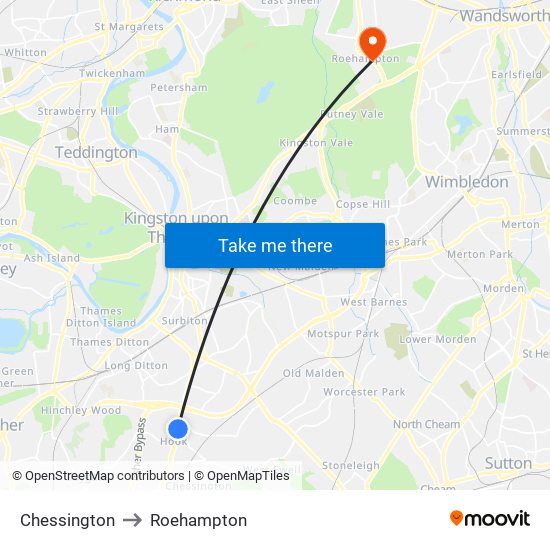 Chessington to Roehampton map