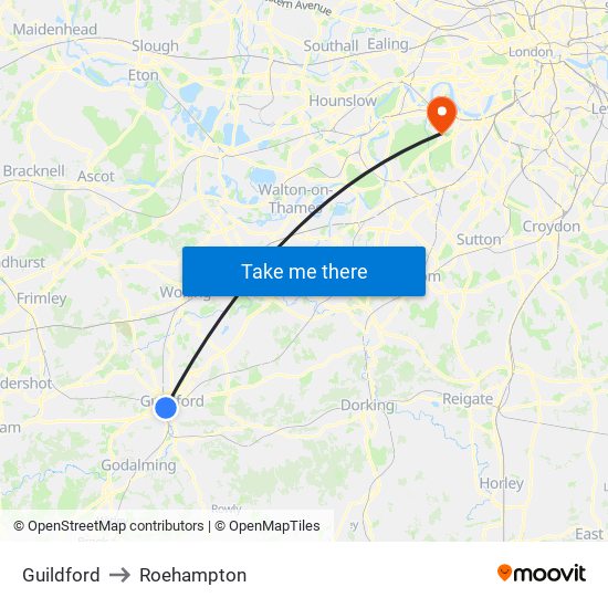 Guildford to Roehampton map