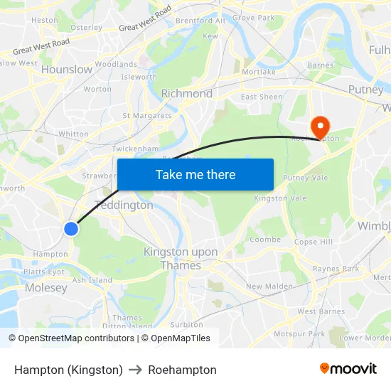 Hampton (Kingston) to Roehampton map