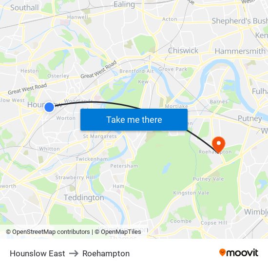 Hounslow East to Roehampton map