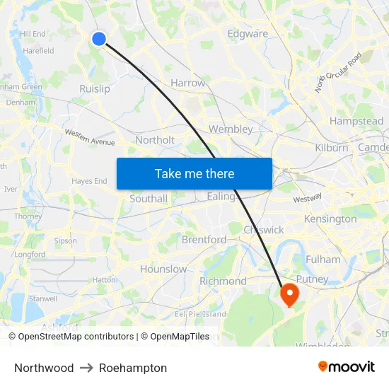 Northwood to Roehampton map