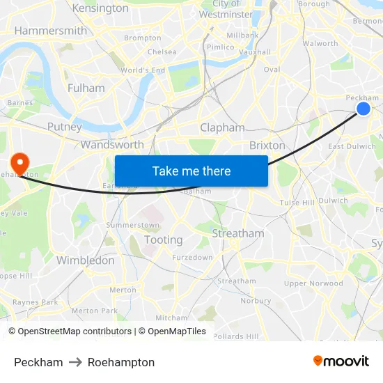 Peckham to Roehampton map