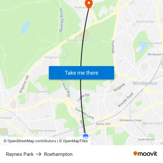 Raynes Park to Roehampton map