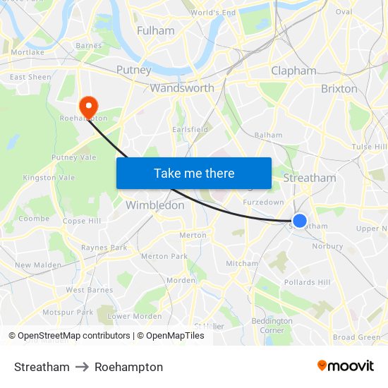 Streatham to Roehampton map