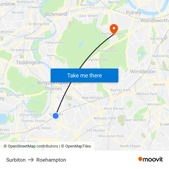 Surbiton to Roehampton map