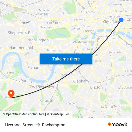 Liverpool Street to Roehampton map