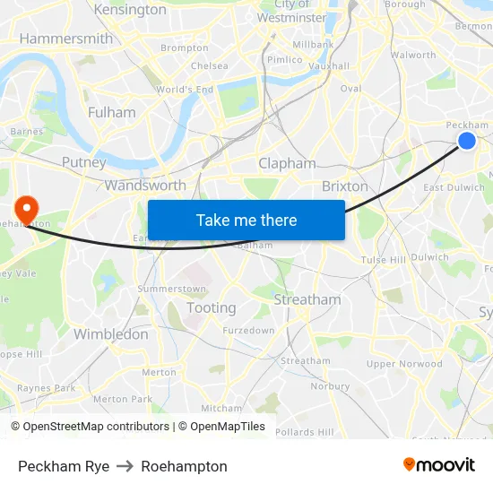 Peckham Rye to Roehampton map