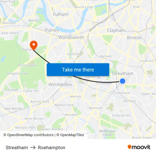 Streatham to Roehampton map