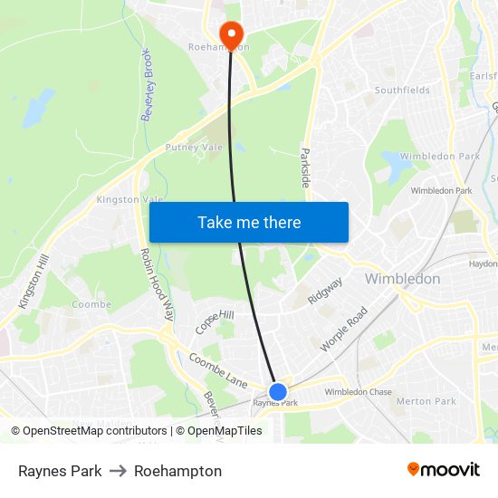 Raynes Park to Roehampton map