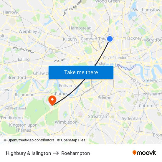 Highbury & Islington to Roehampton map