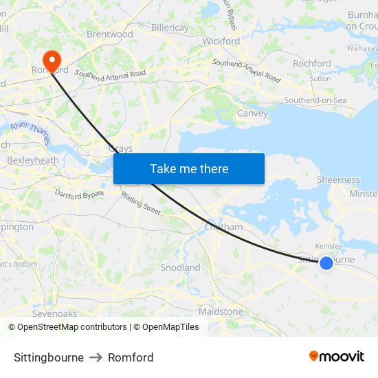 Sittingbourne to Romford map