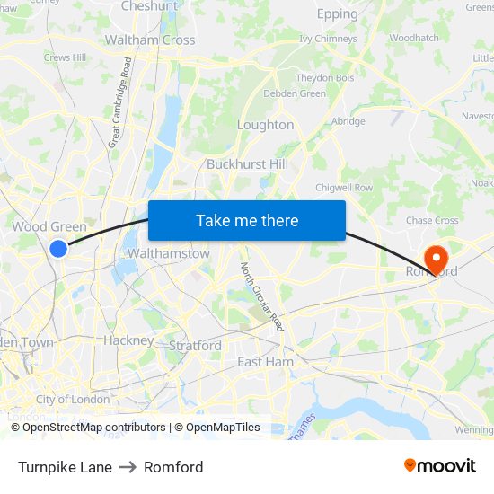 Turnpike Lane to Romford map