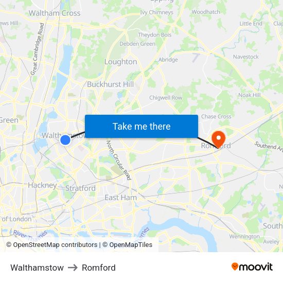Walthamstow to Romford map