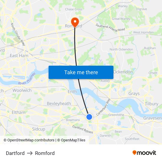 Dartford to Romford map